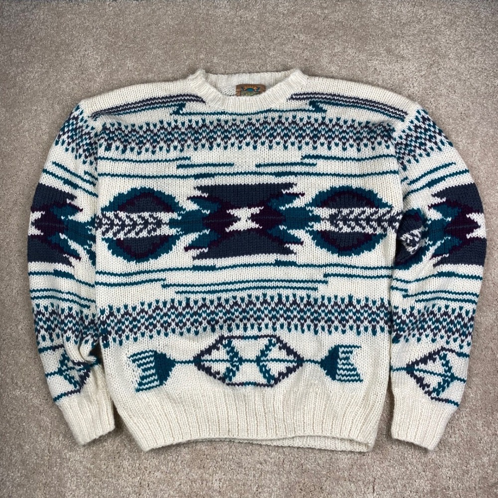 Brad Richards Vintage Hand Knitted Southwestern Sweater XL Teal Cream Geometric